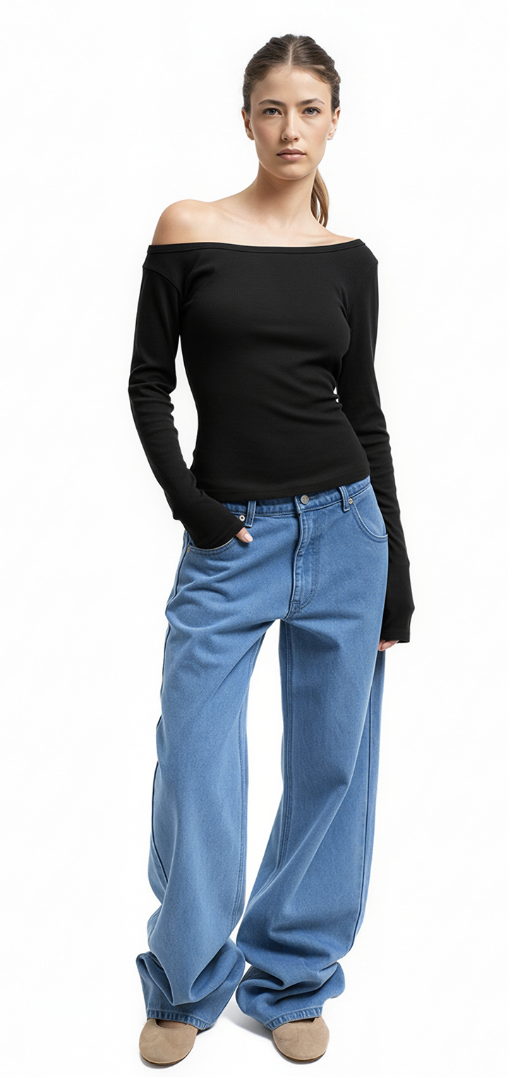 Light ribbed viscose long sleeved off shoulder t shirt - Black