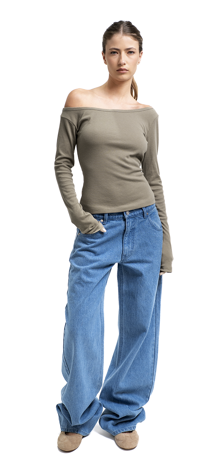 Light ribbed viscose long sleeved off shoulder t shirt - Gray Green