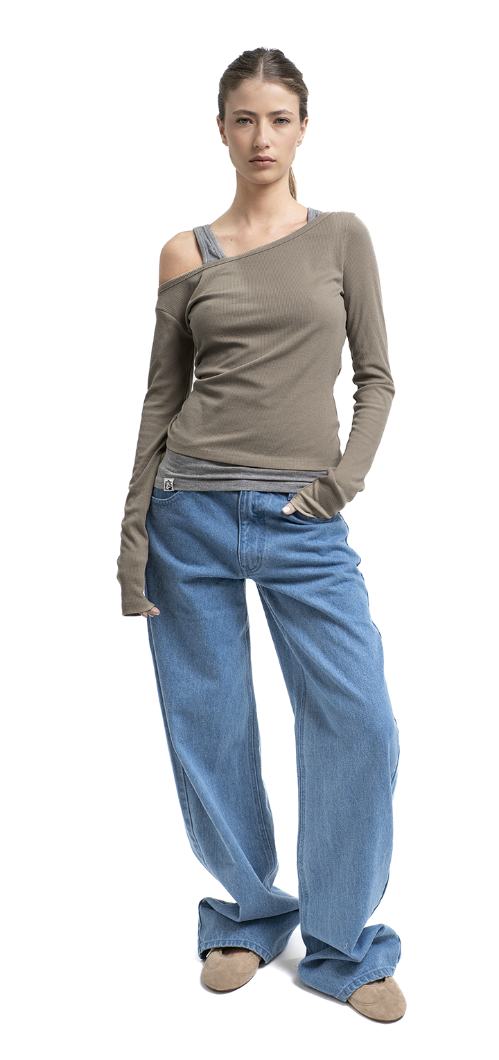 Light ribbed viscose long sleeved off shoulder t shirt - Gray Green