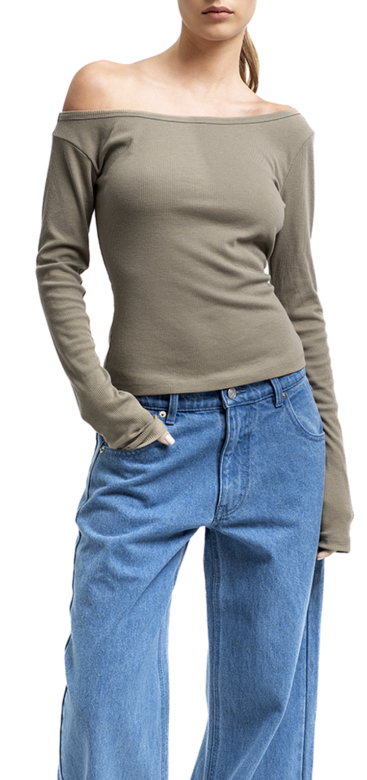 Light ribbed viscose long sleeved off shoulder t shirt - Gray Green