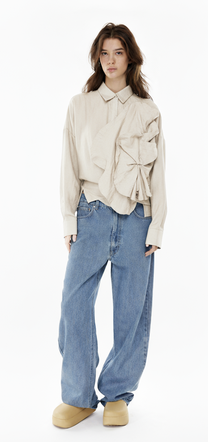Off shoulder wrap button shirt - Beige