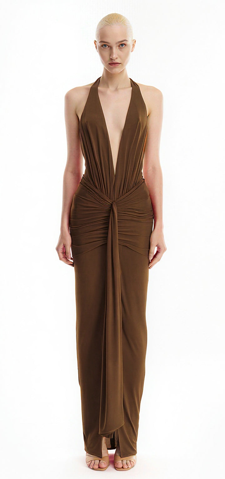 Inaya collar maxi dress- Brown