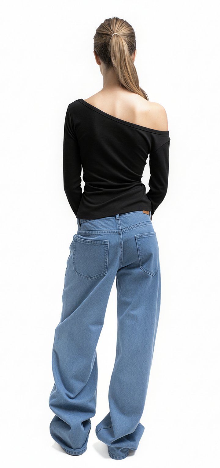 Light ribbed viscose long sleeved off shoulder t shirt - Black