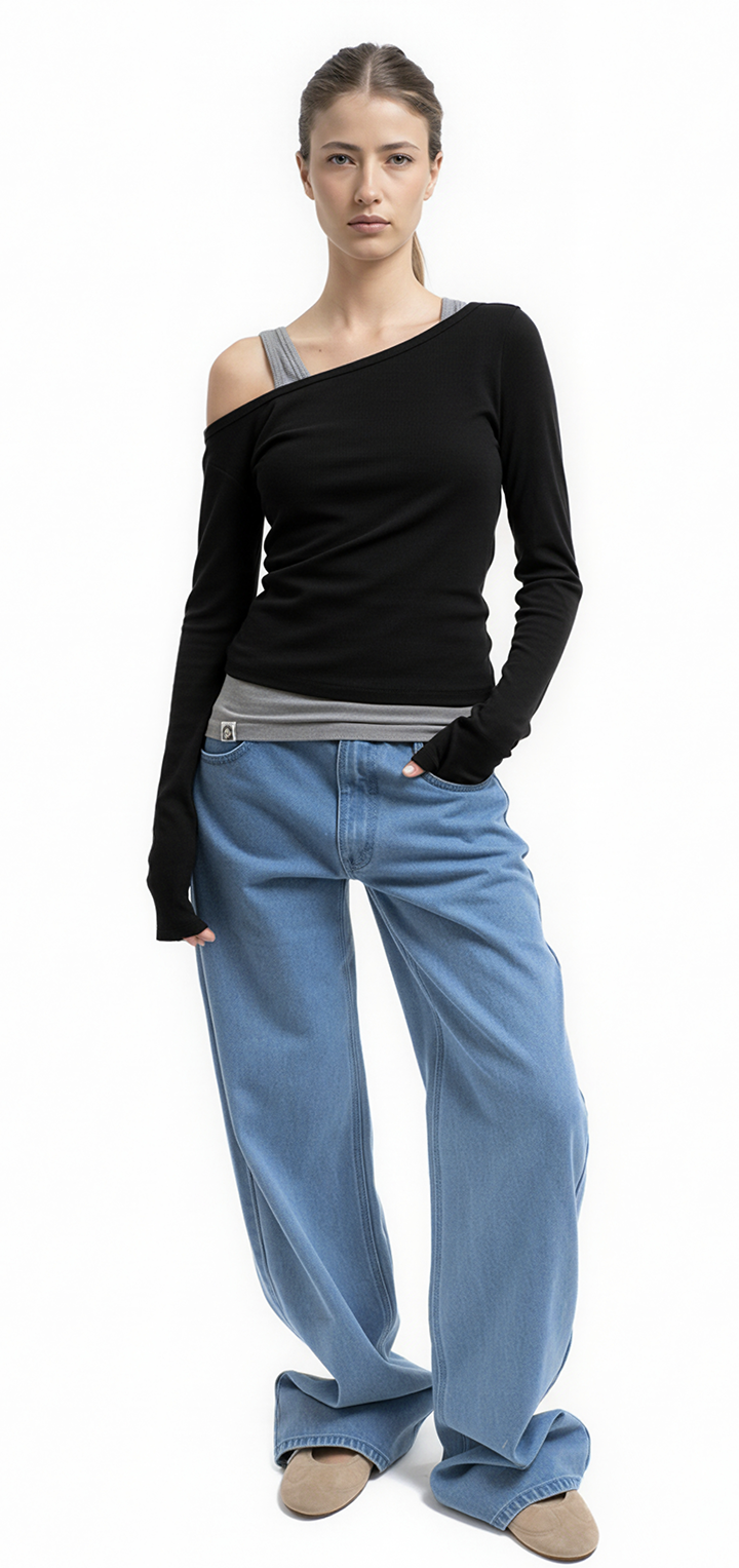 Light ribbed viscose long sleeved off shoulder t shirt - Black