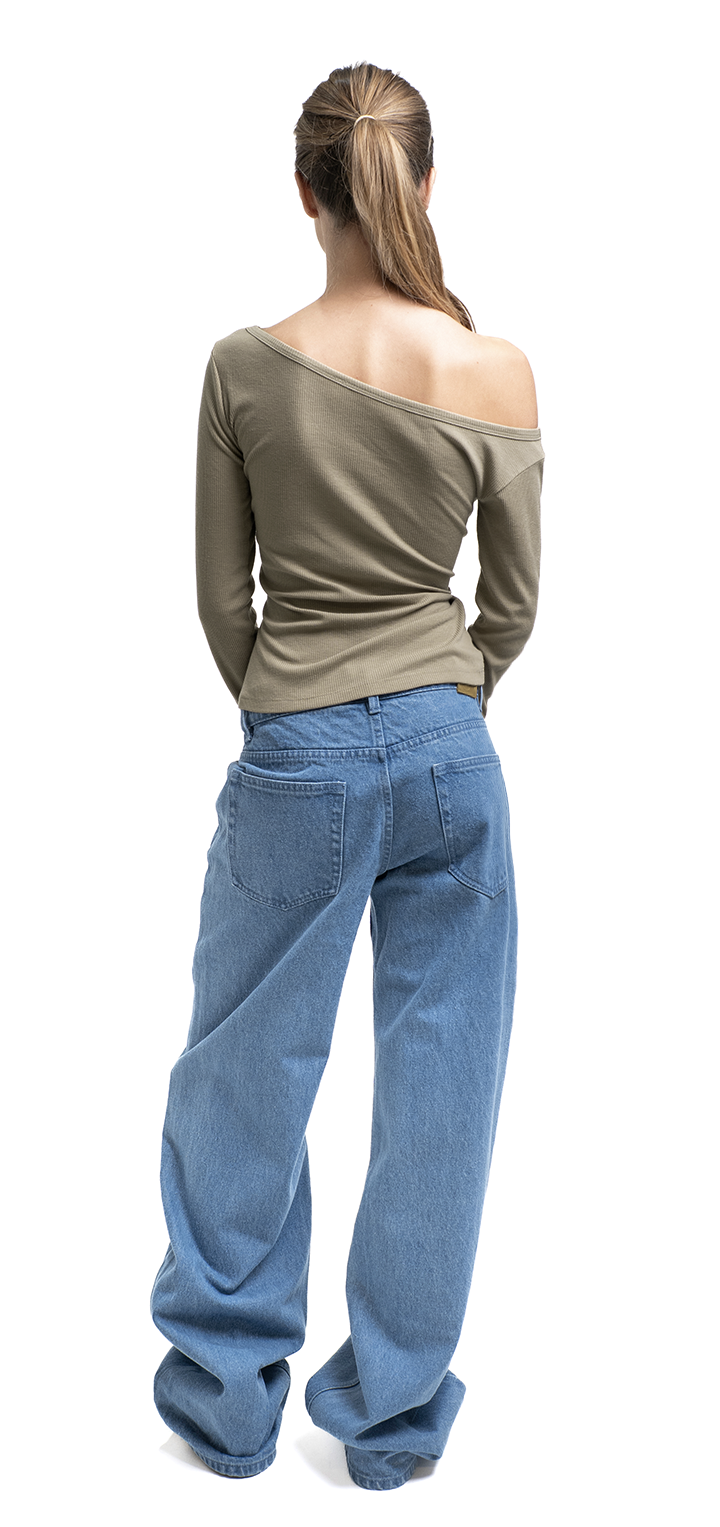 Light ribbed viscose long sleeved off shoulder t shirt - Gray Green