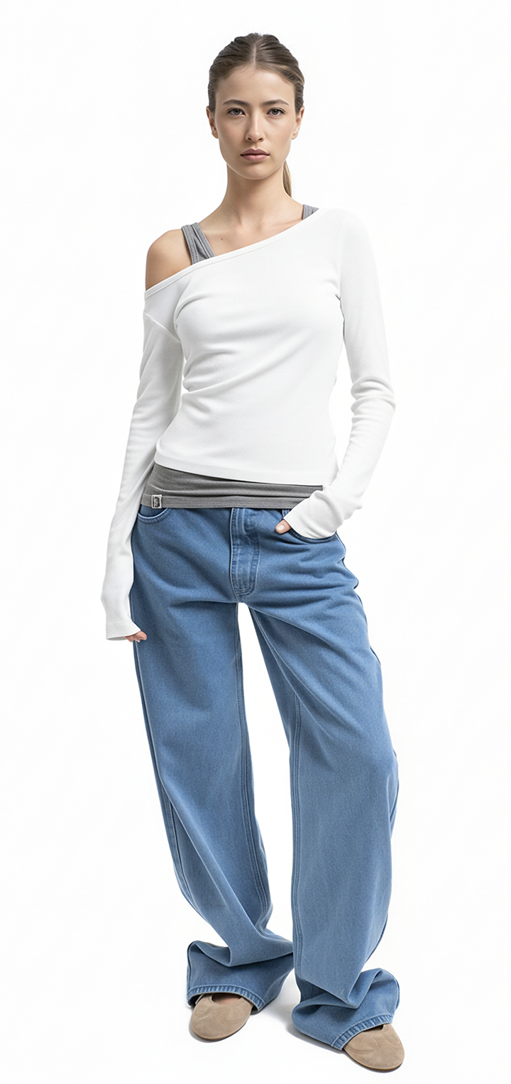 Light ribbed viscose long sleeved off shoulder t shirt - White