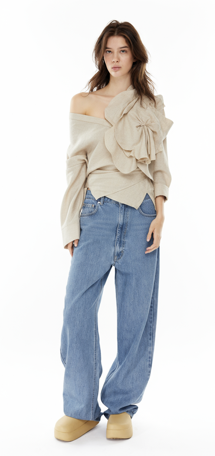 Off shoulder wrap button shirt - Beige