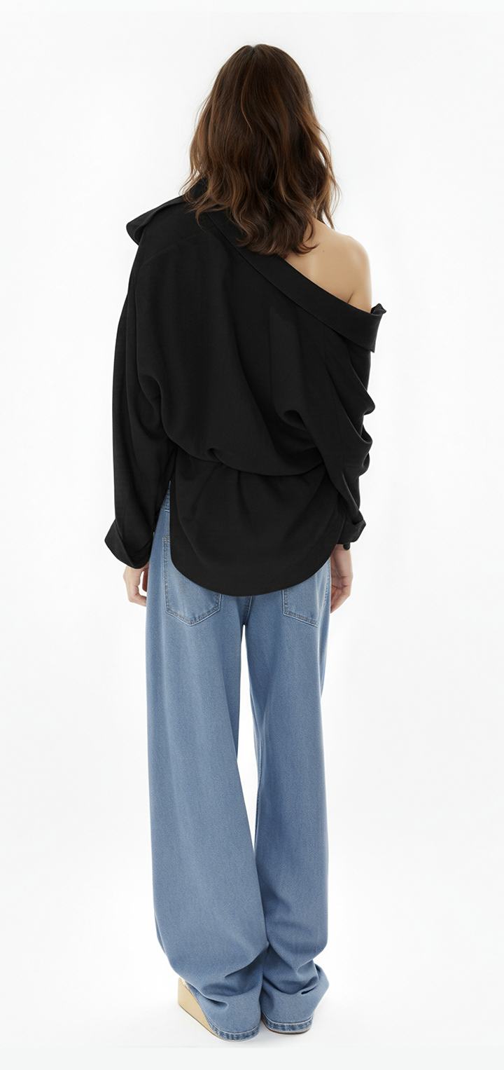 Off shoulder wrap button shirt - Black
