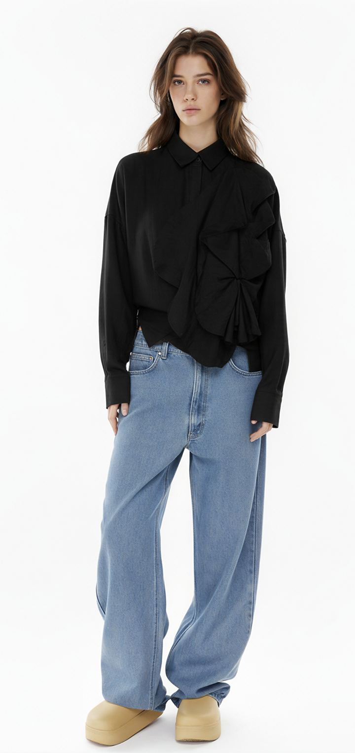 Off shoulder wrap button shirt - Black